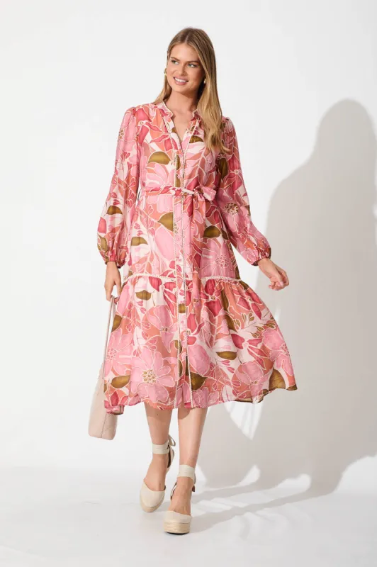Matira Midi Dress In Multi Pink Floral Cotton Blend sold by St Frock