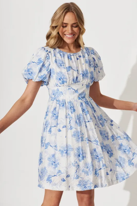 Audrey Dress In White With Blue Floral Cotton Blend sold by St Frock