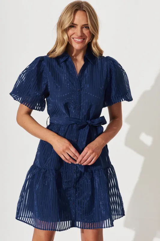 Whitney Shirt Dress In Navy Stripe Organza sold by St Frock
