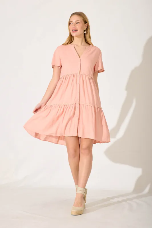 Aloha Smock Dress In Blush With Ric Rac Trim Linen Blend sold by St Frock