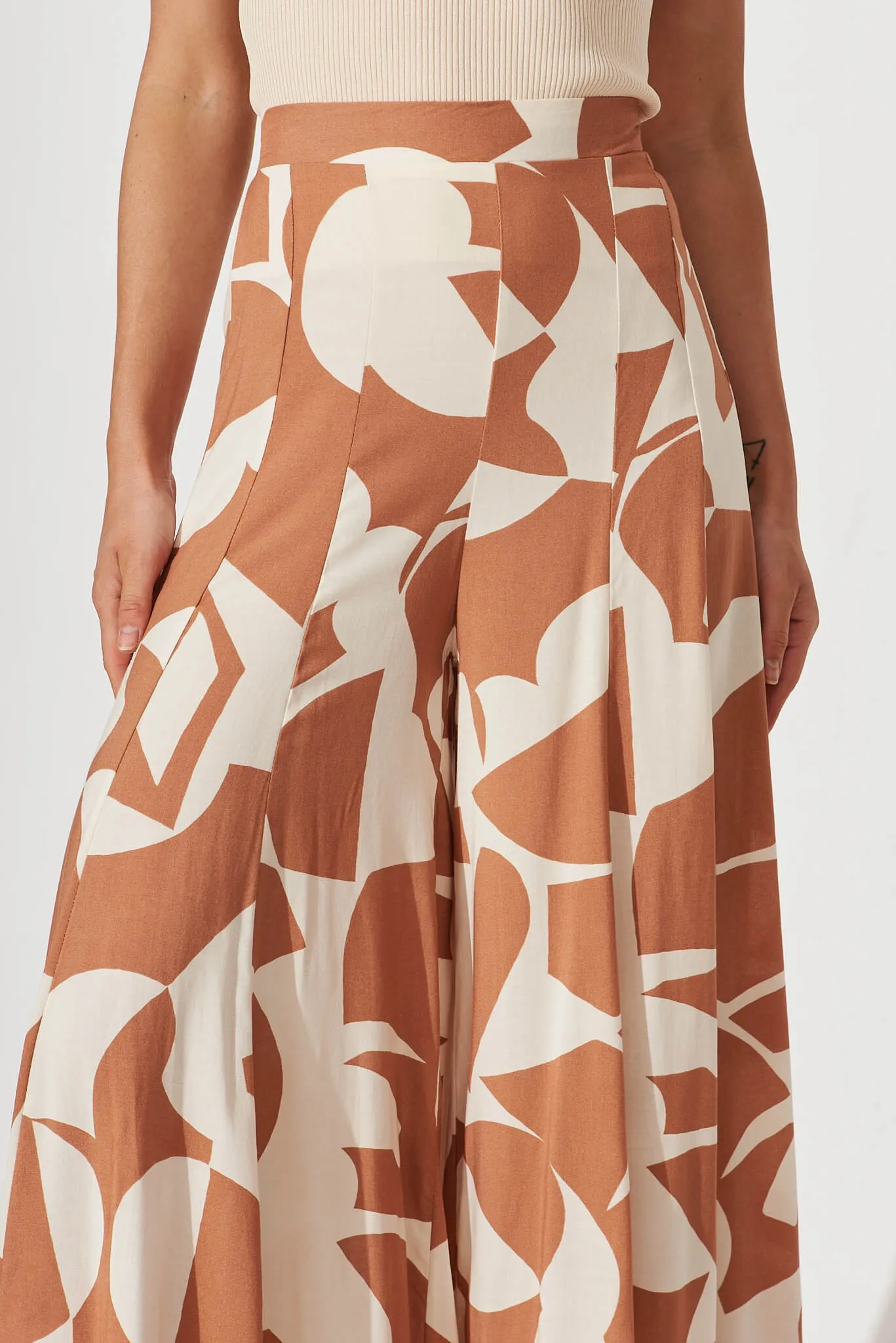 Effenty Pants In Tan And Cream Geometric Print sold by St Frock product image thumbnail 5