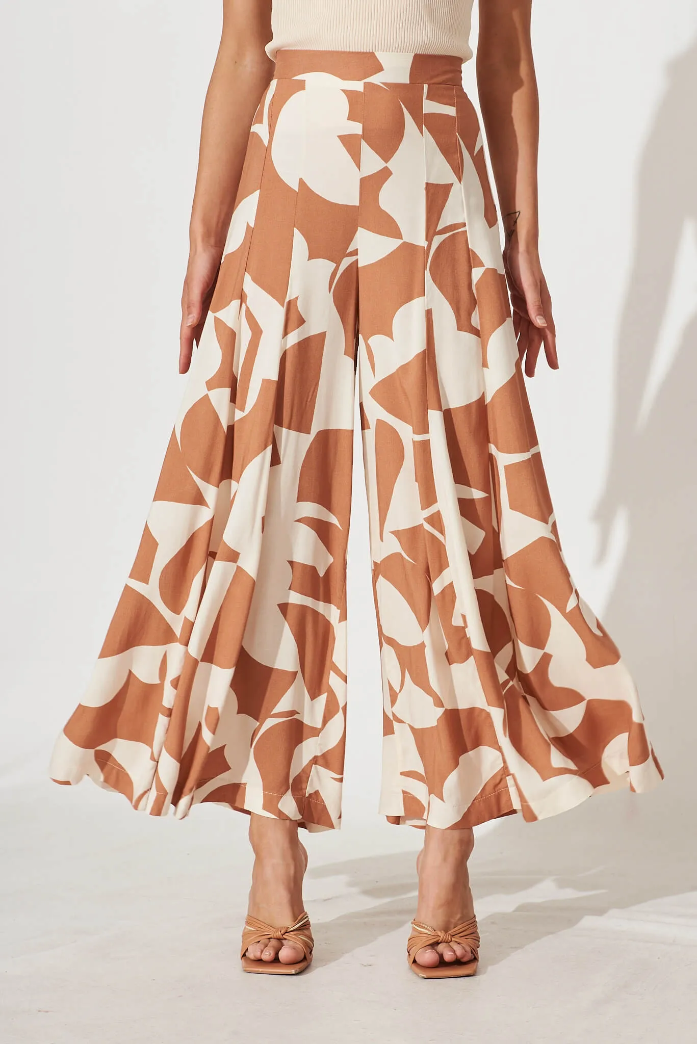 Effenty Pants In Tan And Cream Geometric Print sold by St Frock