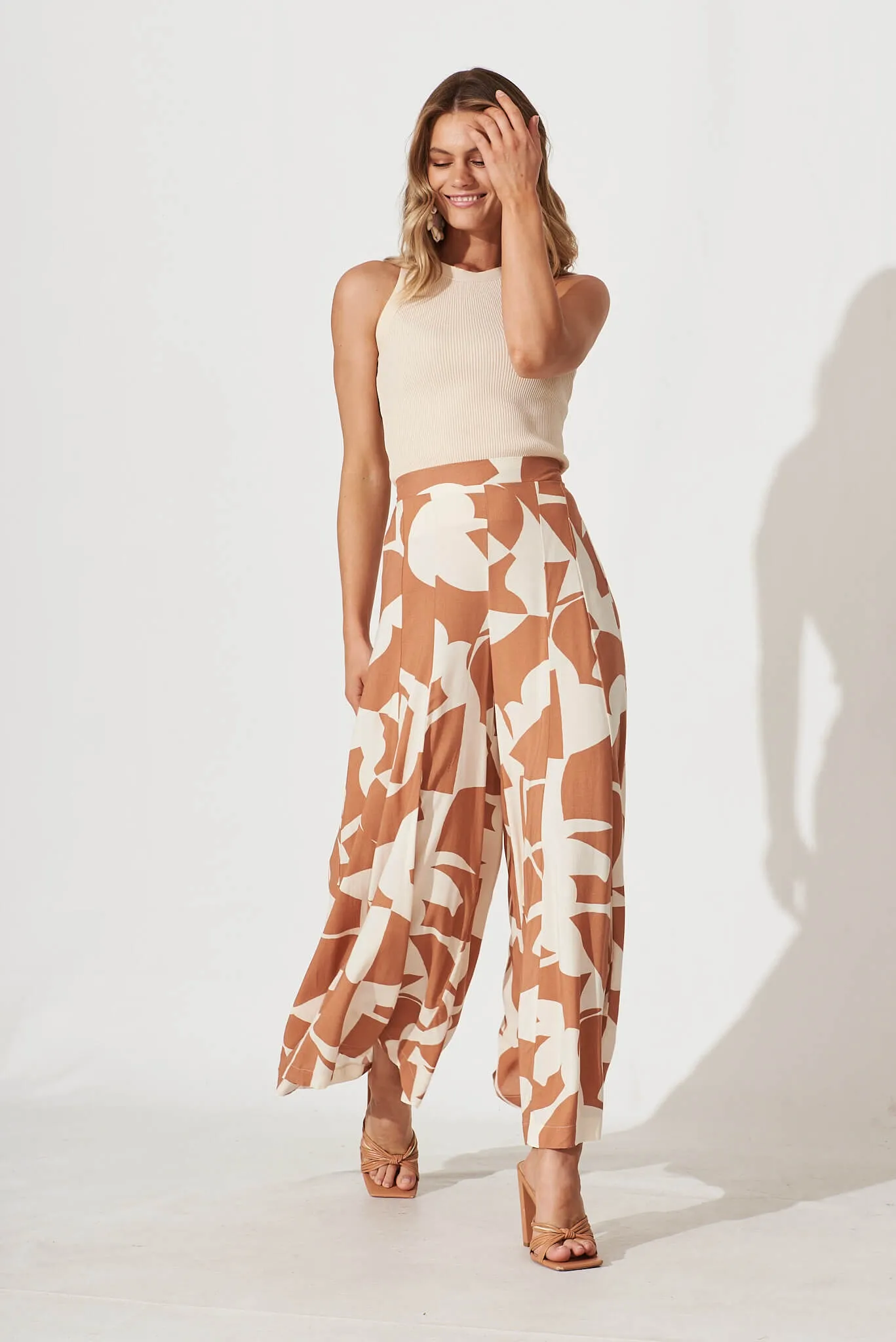 Effenty Pants In Tan And Cream Geometric Print sold by St Frock product image thumbnail 4