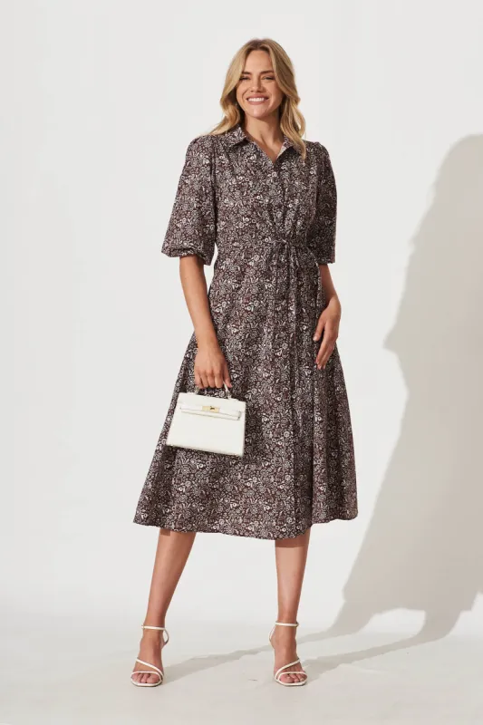 Davina Midi Shirt Dress In Chocolate Floral Cotton sold by St Frock