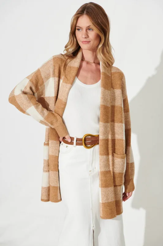 Morden Knit Cardigan In Brown Gingham Wool Blend sold by St Frock
