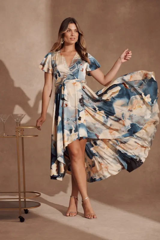 Marilou Maxi Dress In Blue And Cream Watercolour Satin sold by St Frock
