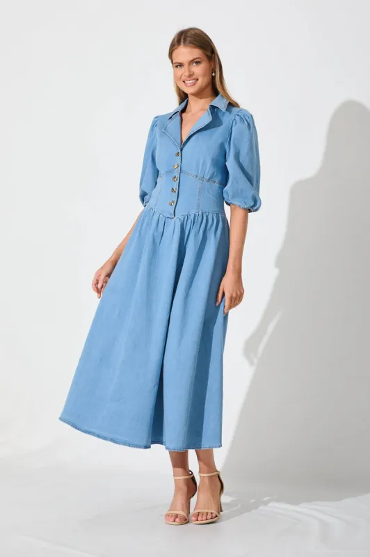 Roselyn Maxi Dress In Light Blue Denim sold by St Frock