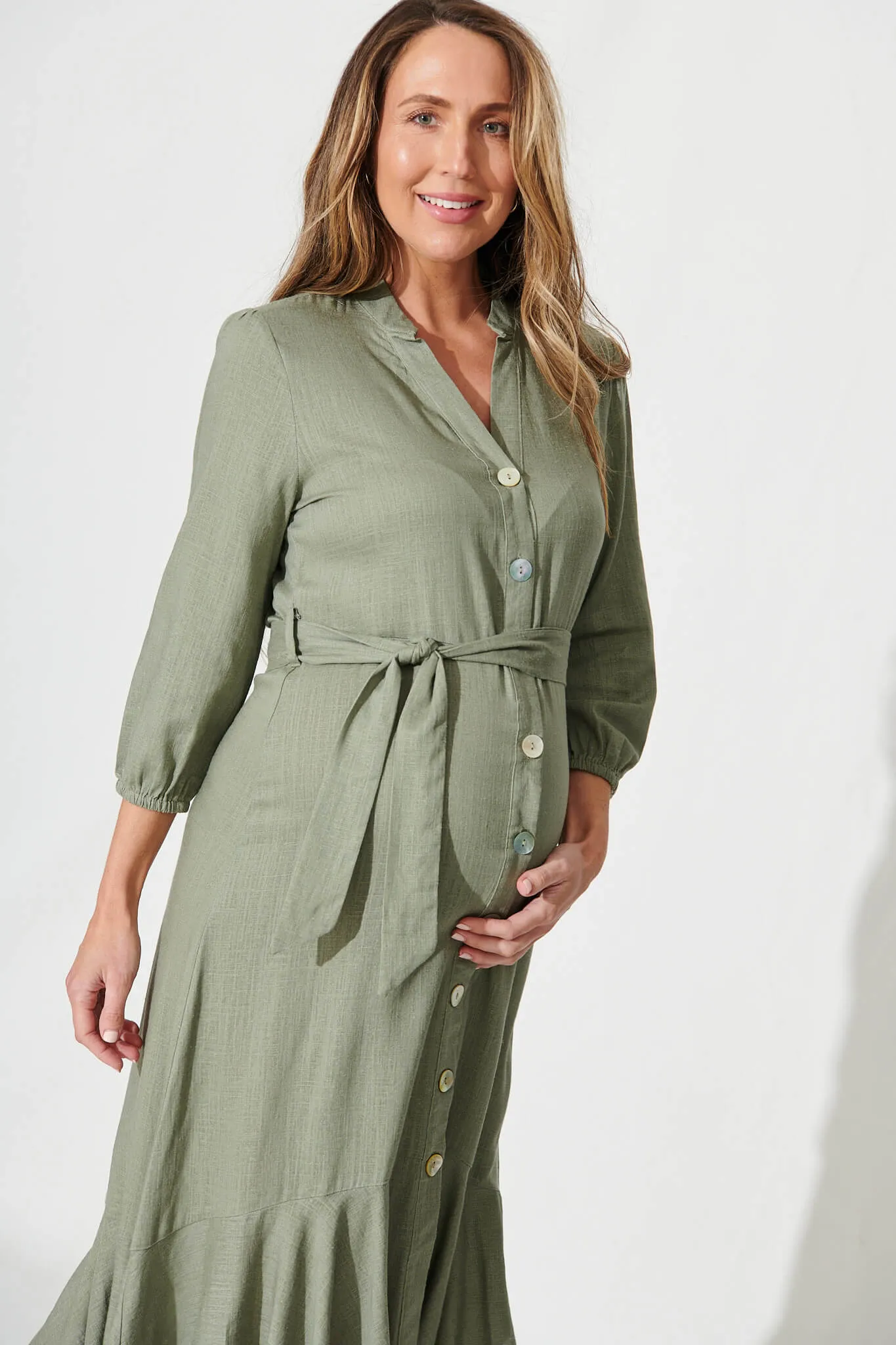 Heartland Midi Dress In Khaki Linen Blend sold by St Frock product image thumbnail 2