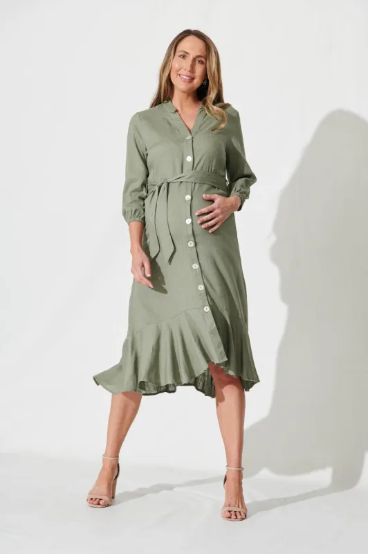 Heartland Midi Dress In Khaki Linen Blend sold by St Frock
