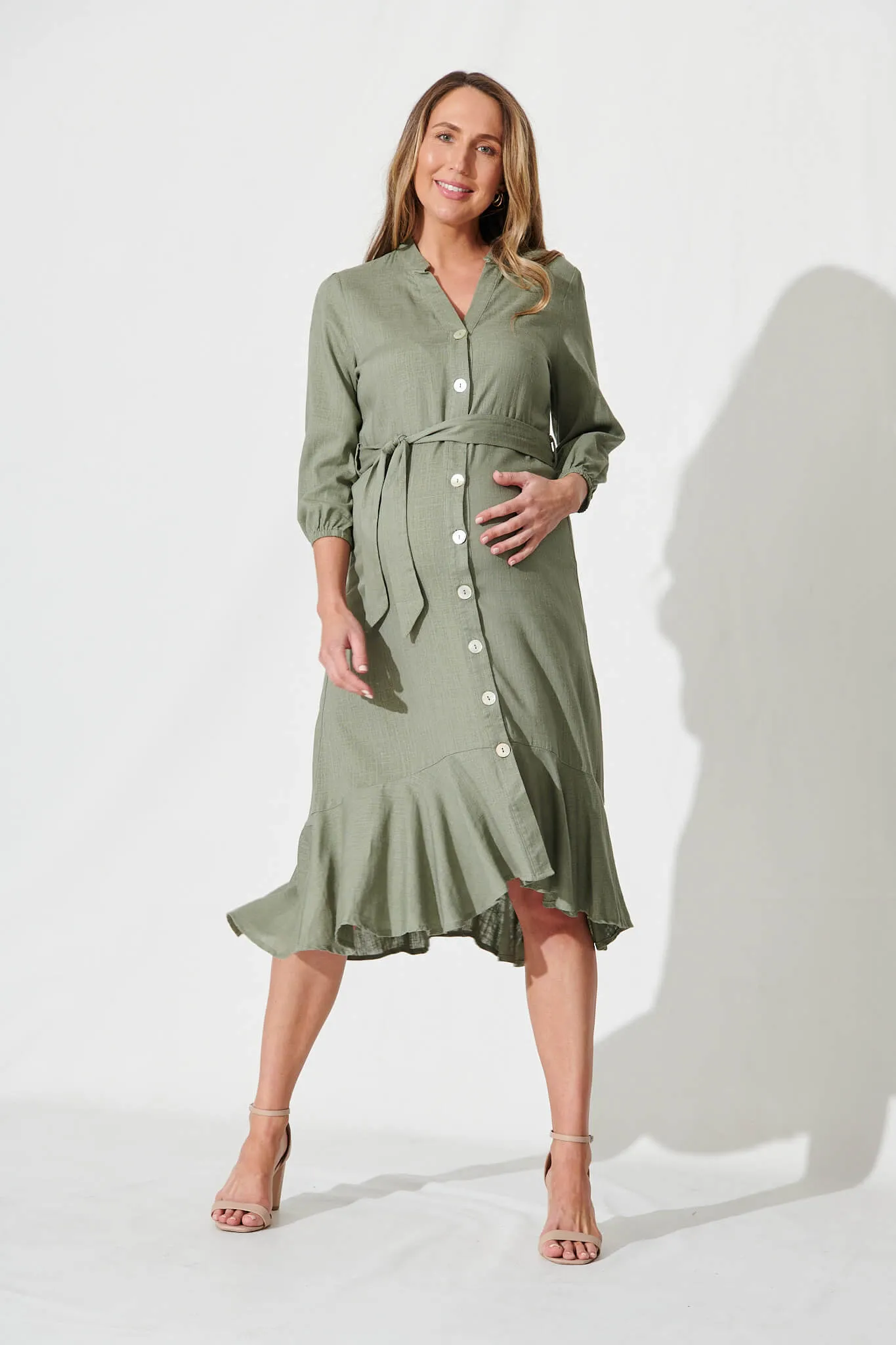 Heartland Midi Dress In Khaki Linen Blend sold by St Frock
