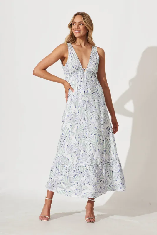 Knowles Maxi Dress In White With Blue Green Leaf Print sold by St Frock