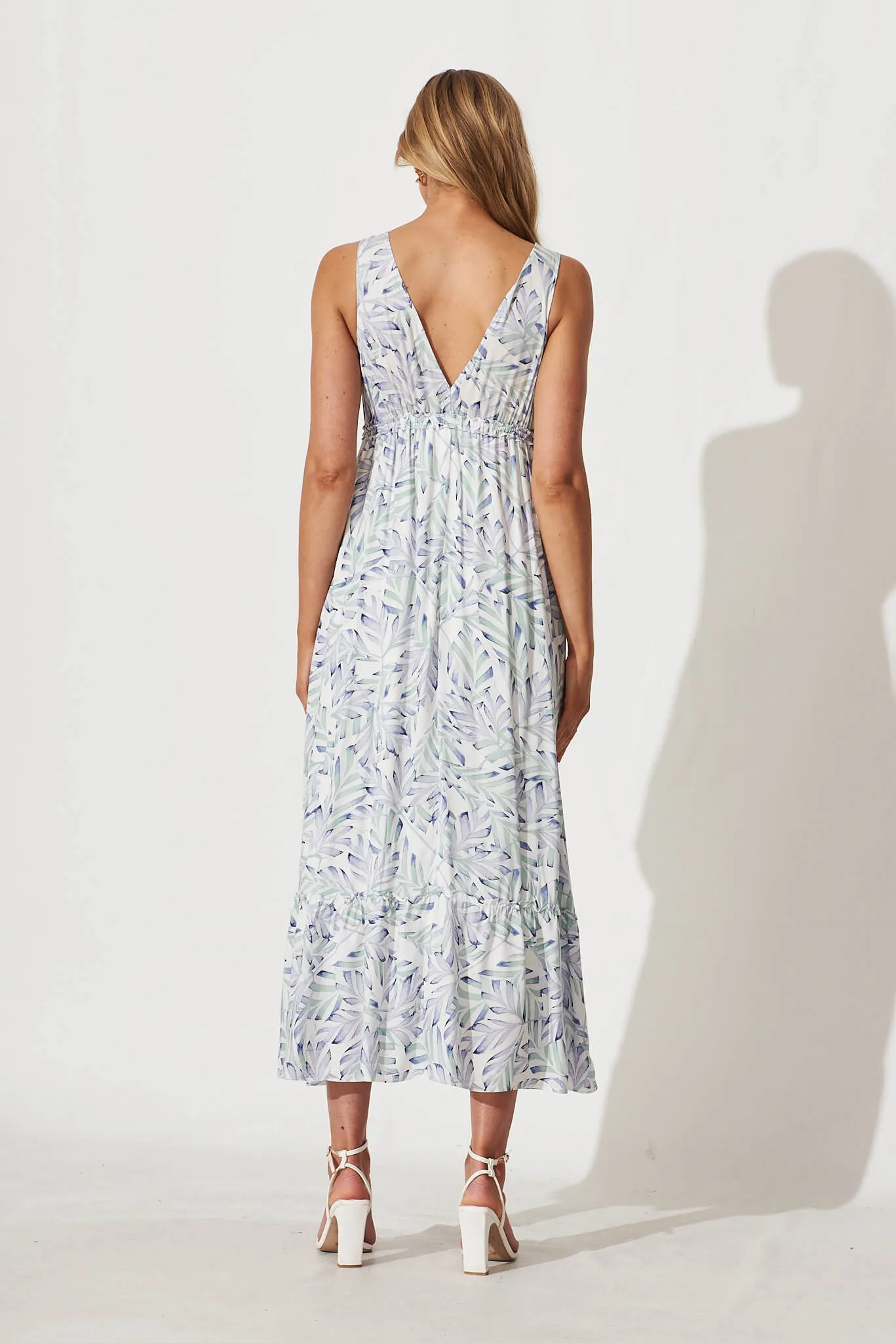 Knowles Maxi Dress In White With Blue Green Leaf Print sold by St Frock product image thumbnail 4