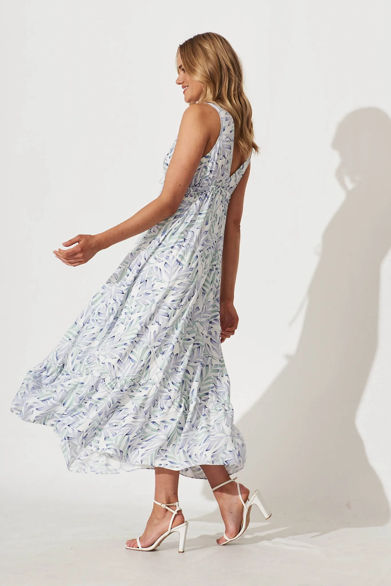 Knowles Maxi Dress In White With Blue Green Leaf Print sold by St Frock product image thumbnail 3