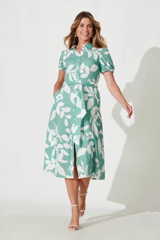 Martine Midi Shirt Dress In Green And White Leaf Cotton sold by St Frock