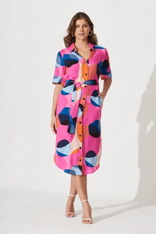 Megara Midi Shirt Dress In Candy Pink With Blue Spot sold by St Frock