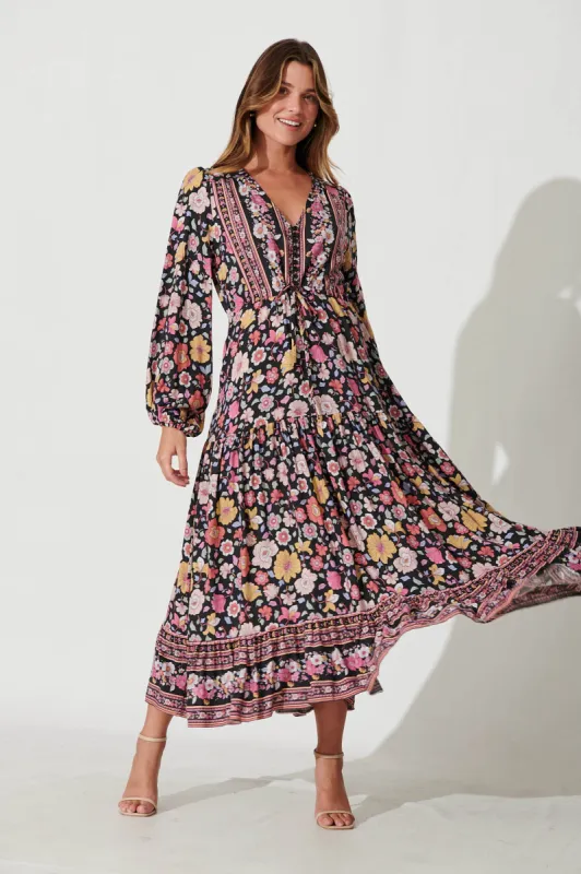 Financier Maxi Dress In Black With Pink Boho Floral sold by St Frock