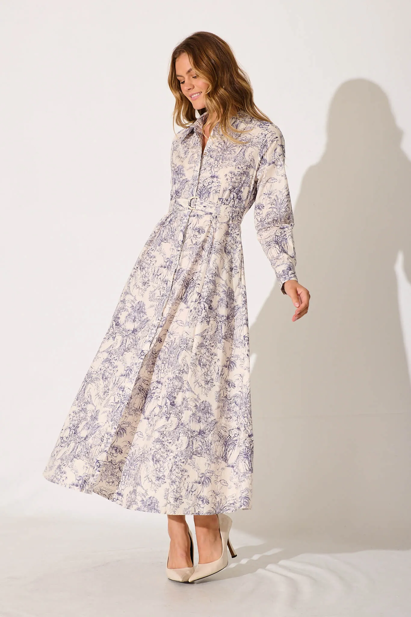 Cecilia Maxi Shirt Dress In Cream With Navy Print Cotton sold by St Frock