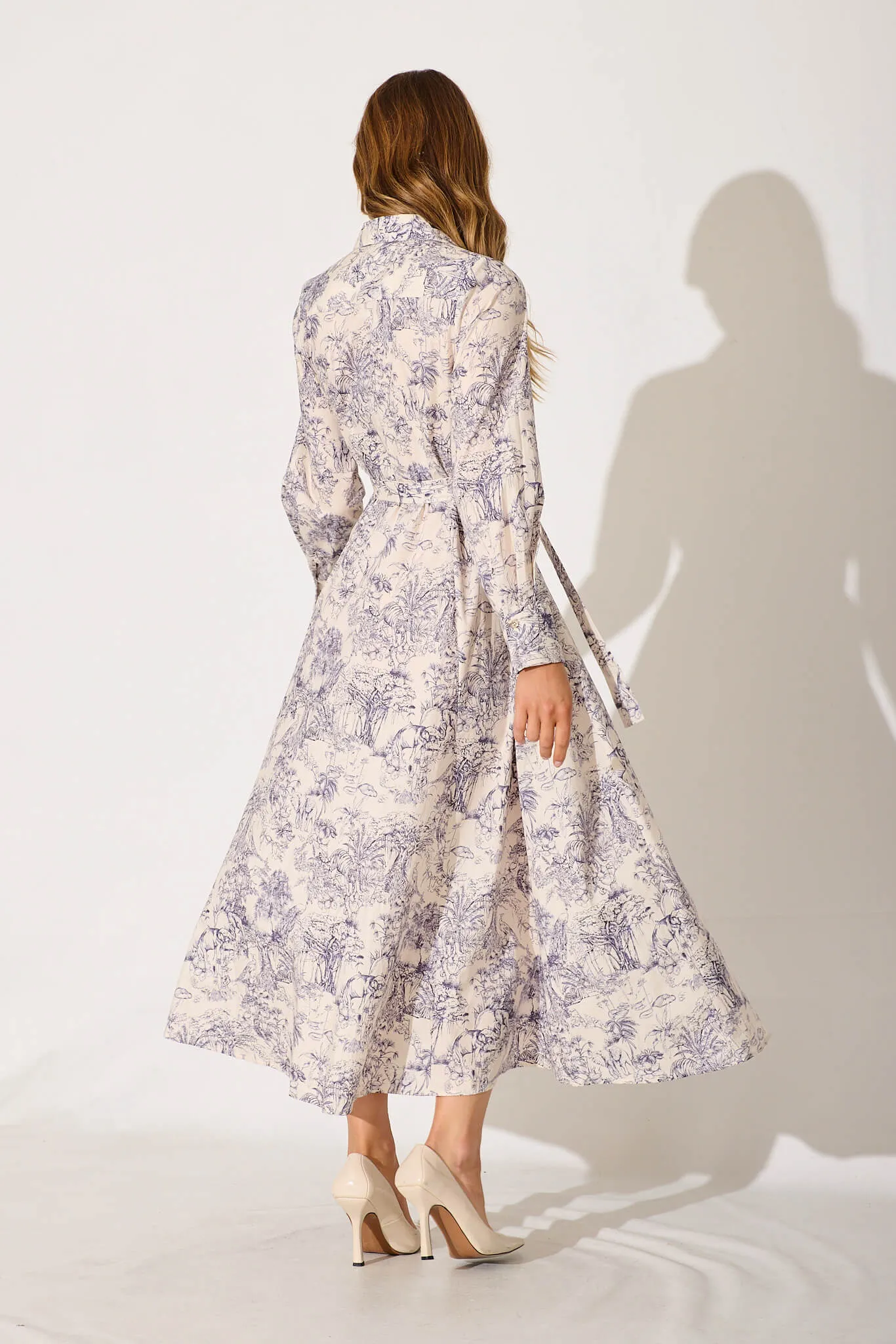 Cecilia Maxi Shirt Dress In Cream With Navy Print Cotton sold by St Frock product image thumbnail 4