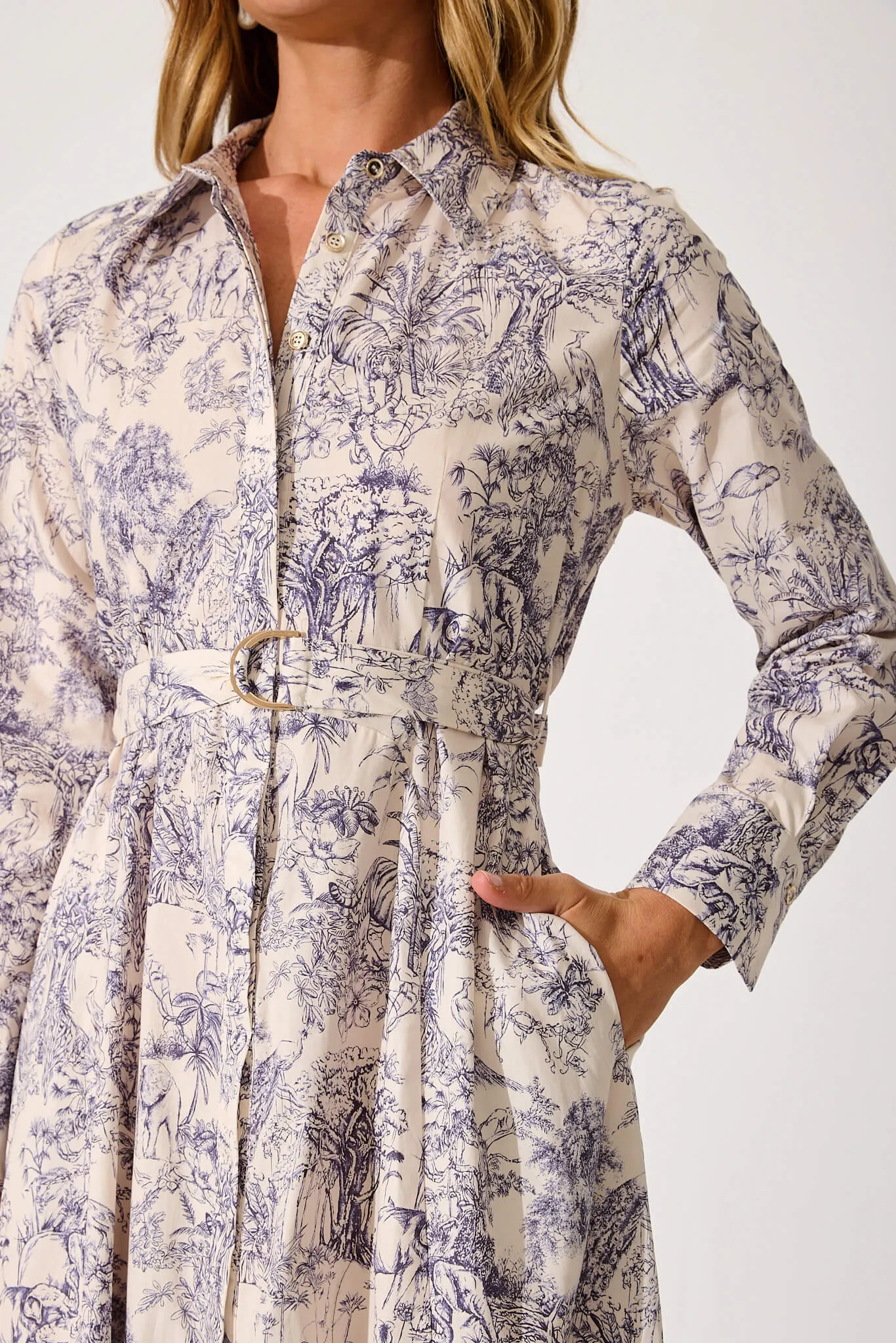 Cecilia Maxi Shirt Dress In Cream With Navy Print Cotton sold by St Frock product image thumbnail 5