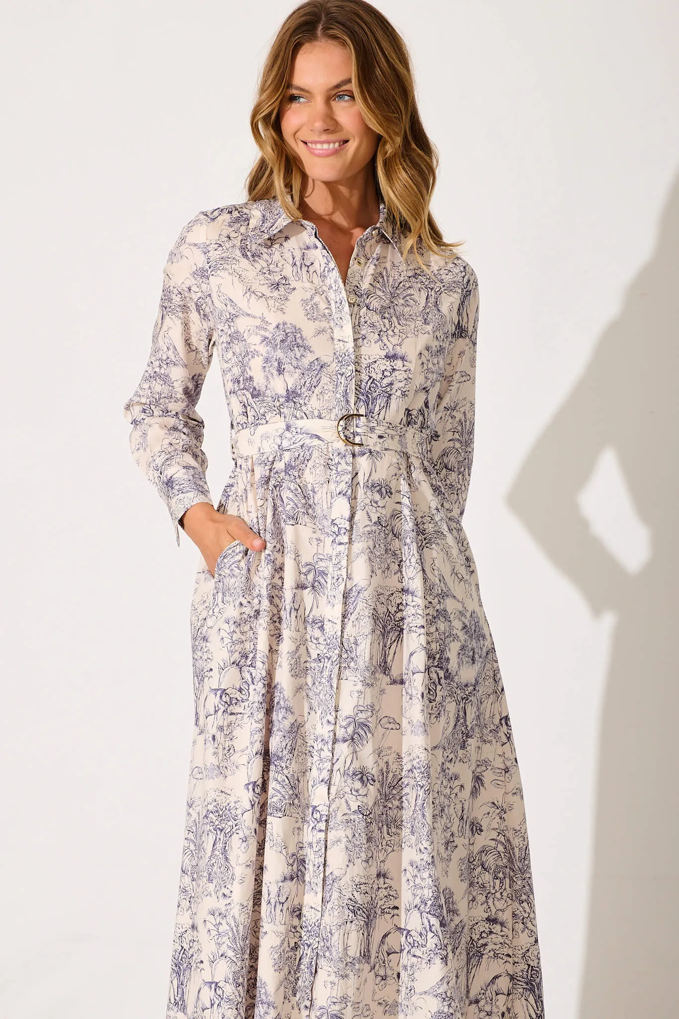Cecilia Maxi Shirt Dress In Cream With Navy Print Cotton sold by St Frock product image thumbnail 2