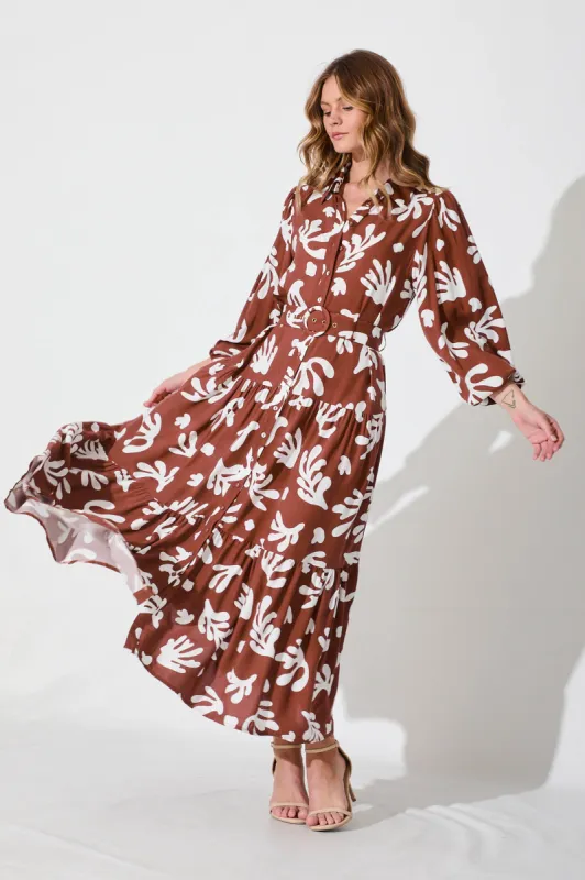 Linden Maxi Dress In Chocolate With White Print sold by St Frock
