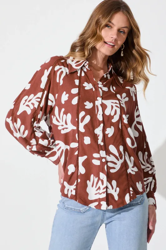 Hera Shirt In Chocolate With White Print sold by St Frock