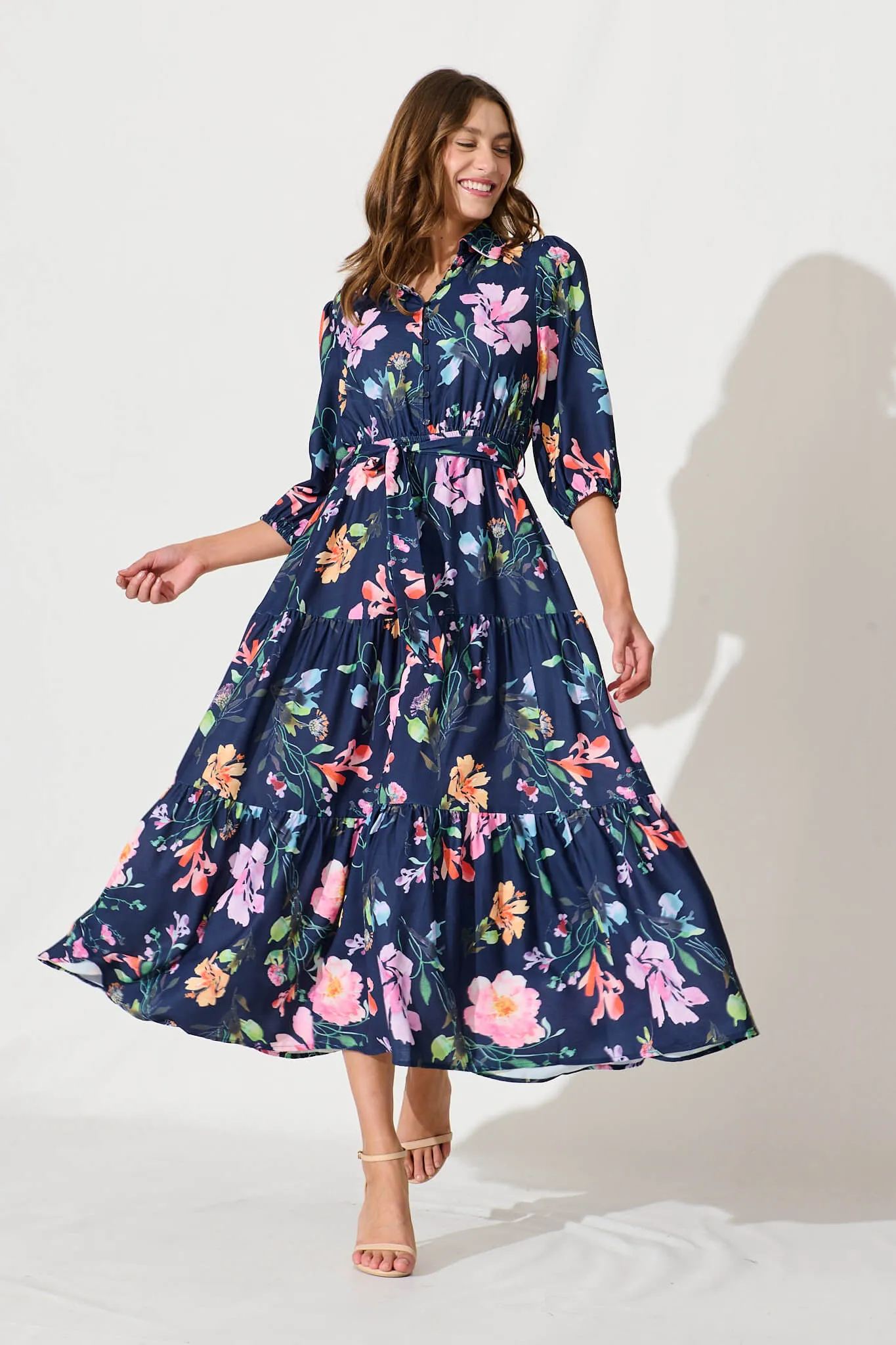 Love Song Maxi Dress In Navy With Multi Floral Print sold by St Frock