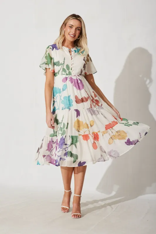 Marbella Midi Dress In Cream With Multi Floral sold by St Frock