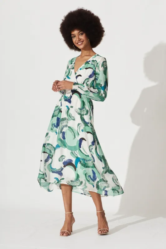 Opal Midi Dress In White With Green Multi Cotton Blend sold by St Frock