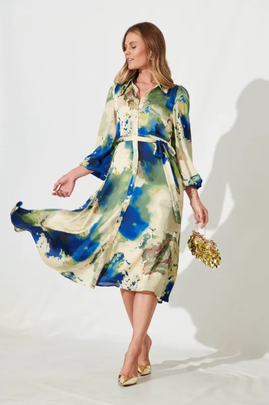 Josy Midi Shirt Dress In Green With Navy Print Chiffon sold by St Frock