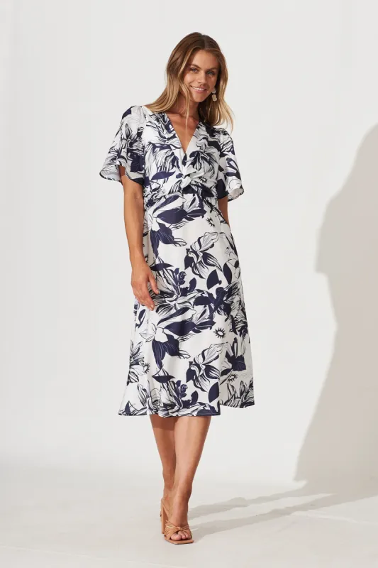 Becky Midi Dress In White With Navy Floral Satin sold by St Frock