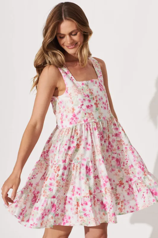 Coastal Smock Dress In White With Pink Floral Print Cotton sold by St Frock