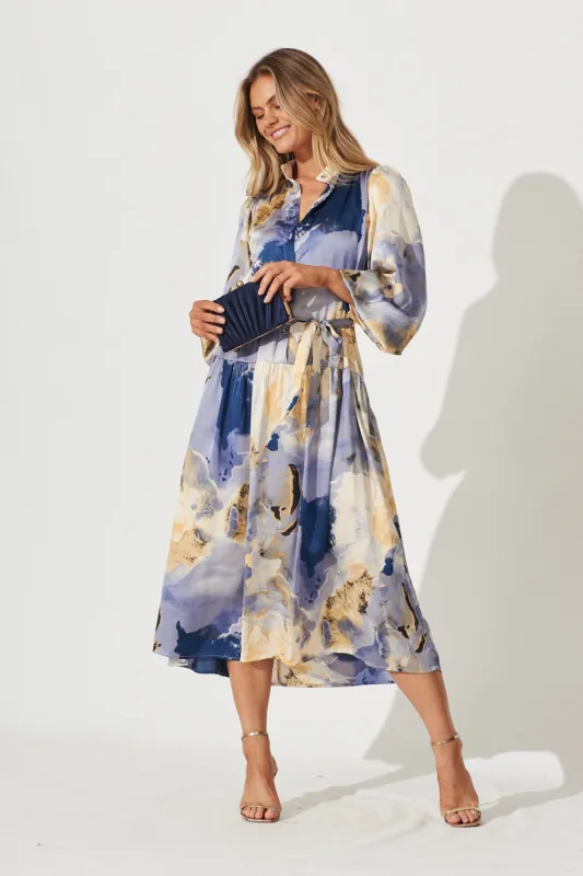 Pippa Maxi Dress In Blues With Beige Print Satin sold by St Frock