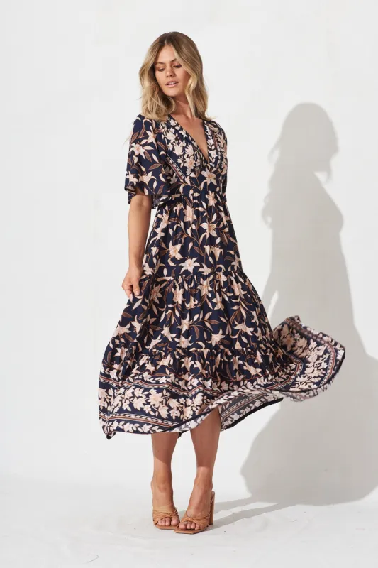 Ayasha Midi Dress In Navy With Blush Boho Floral sold by St Frock