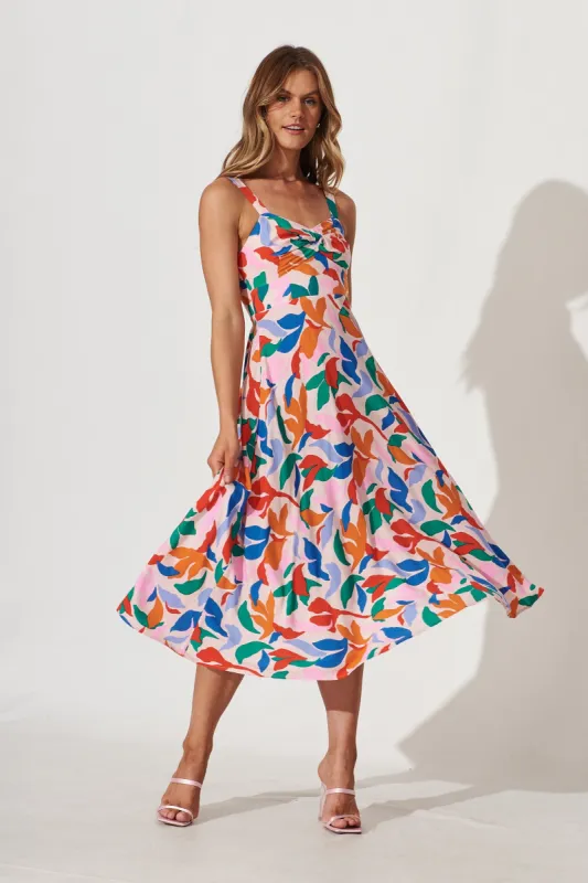 By The Sea Midi Dress In Pink With Bright Multi Leaf Print sold by St Frock