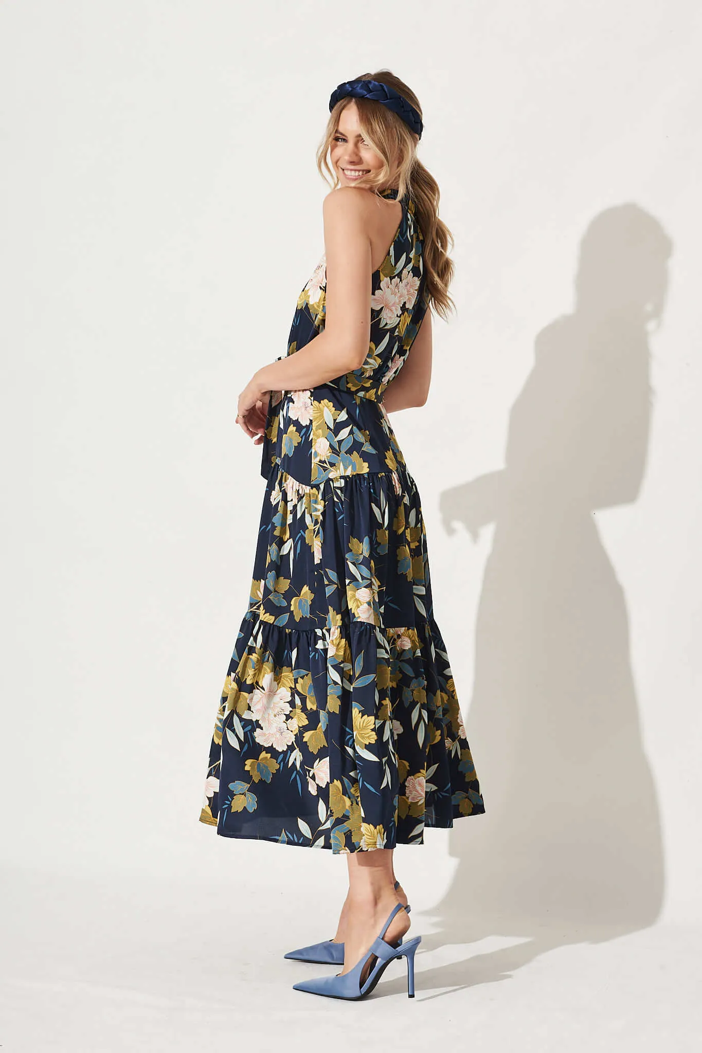 Khalo Maxi Dress In Navy Floral Satin sold by St Frock product image thumbnail 5