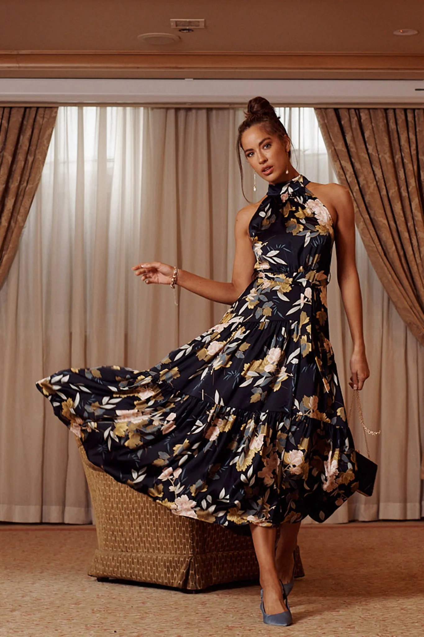 Khalo Maxi Dress In Navy Floral Satin sold by St Frock