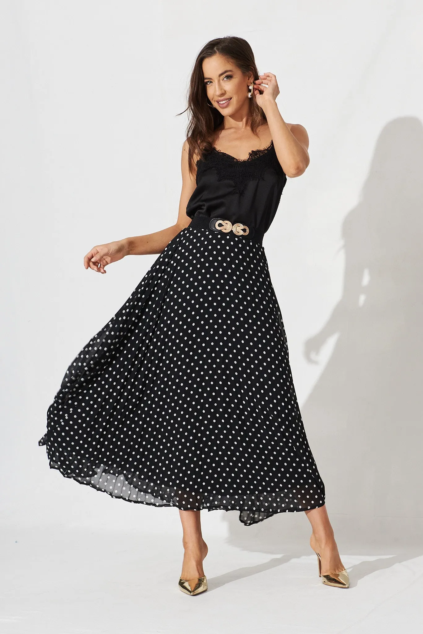 Tallie Midi Pleat Skirt In Black With White Spot Chiffon sold by St Frock