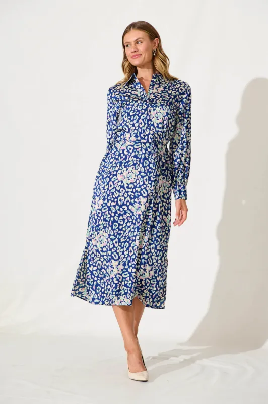 Gigi Midi Dress In Blue Leopard Satin sold by St Frock