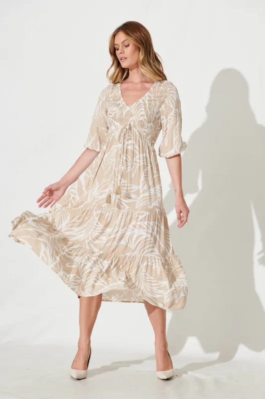Linda Midi Dress In Taupe With White Leaf Print sold by St Frock