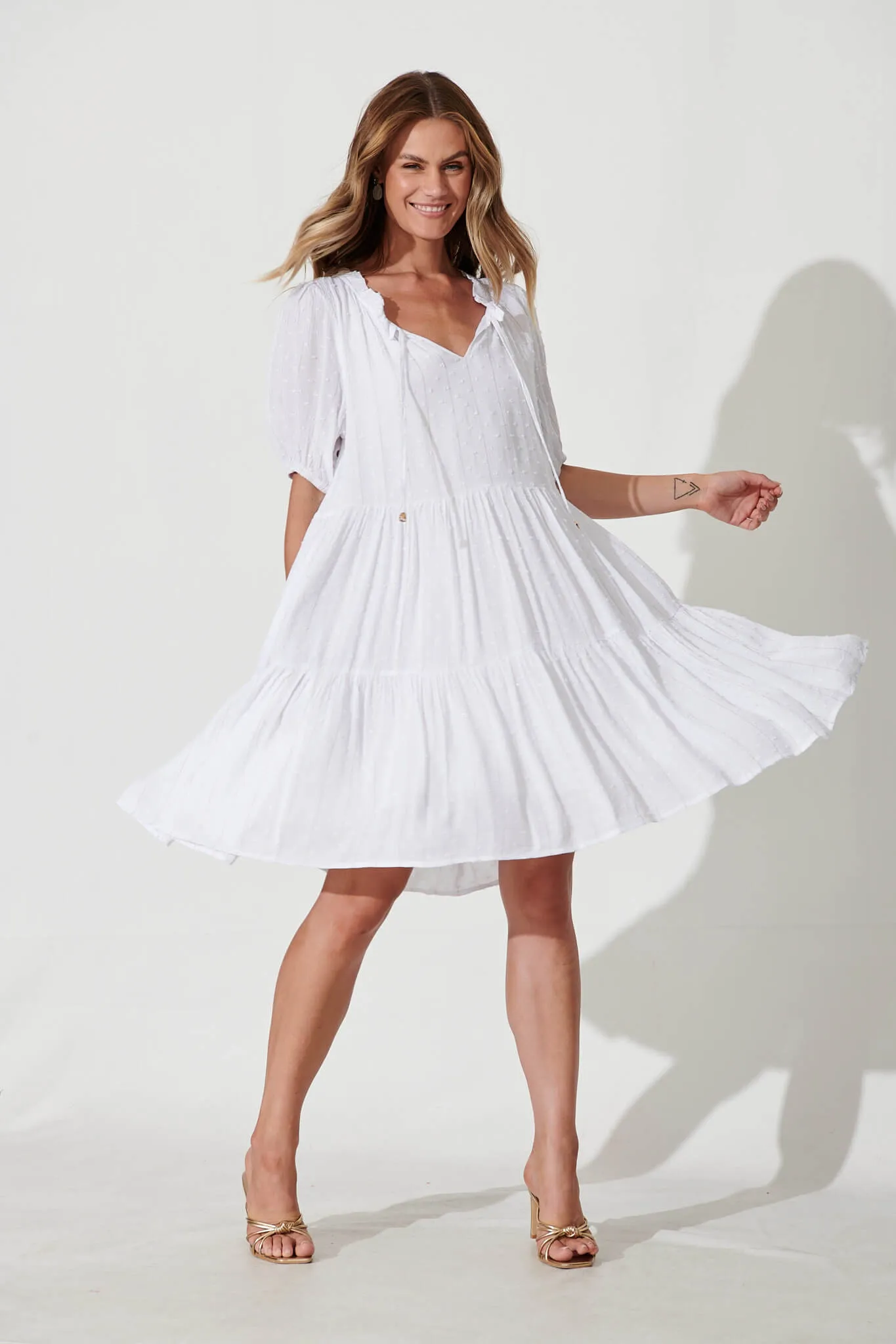 May Smock Dress In White With Lurex Stripe sold by St Frock