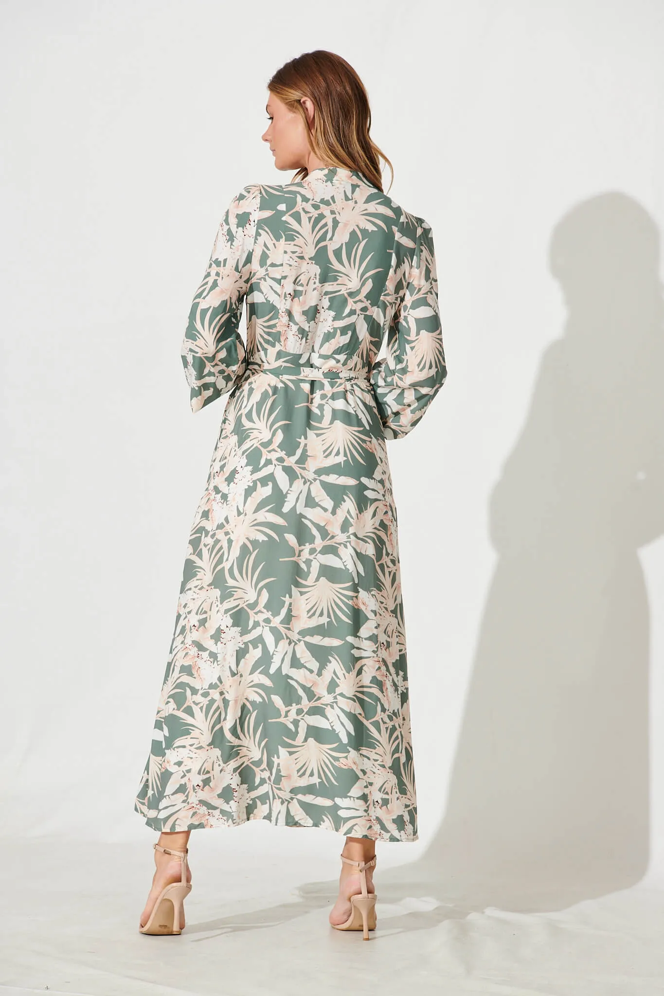Lorie Maxi Shirt Dress In Green With Cream Leaf Print sold by St Frock product image thumbnail 4