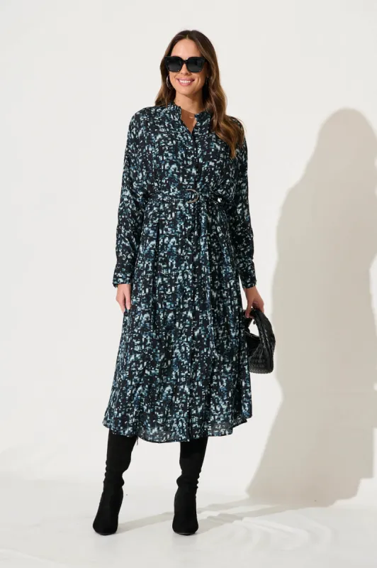 Harmony Midi Shirt Dress In Navy With Multi Print sold by St Frock