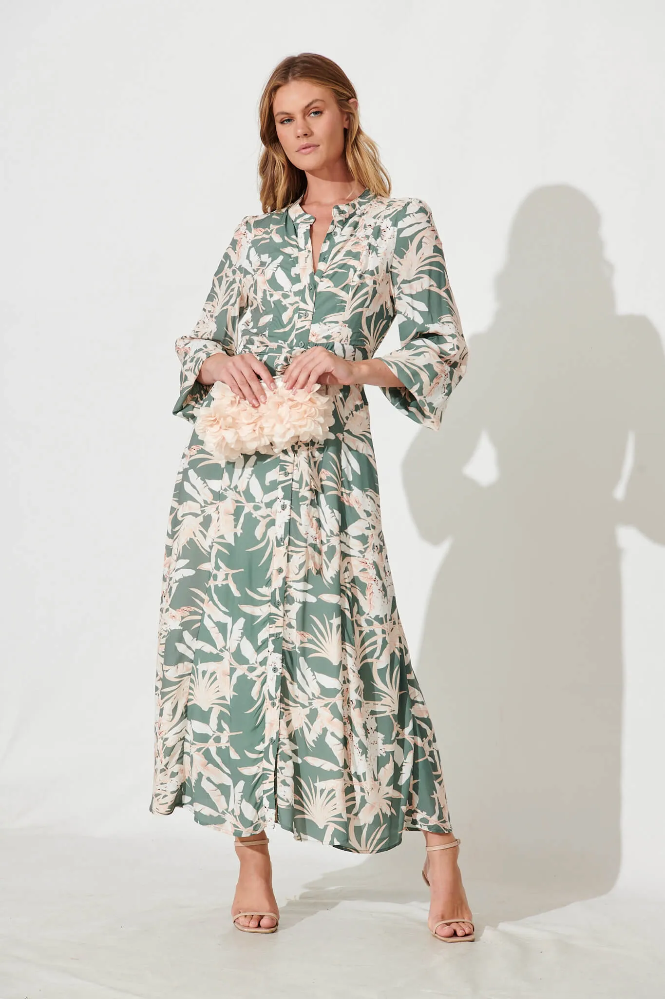 Lorie Maxi Shirt Dress In Green With Cream Leaf Print sold by St Frock