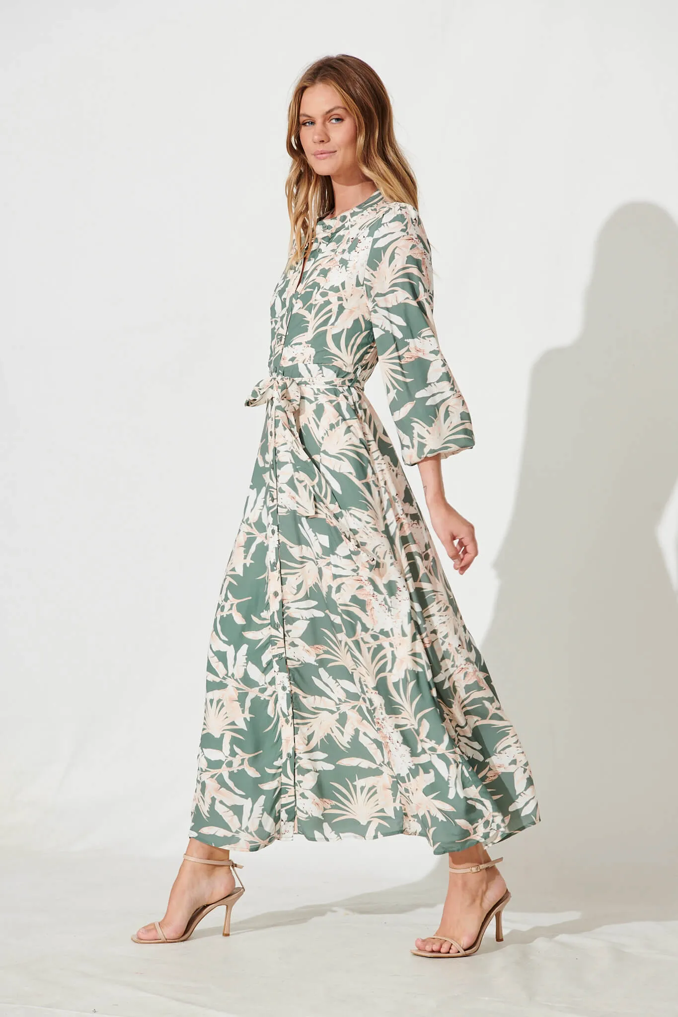 Lorie Maxi Shirt Dress In Green With Cream Leaf Print sold by St Frock product image thumbnail 3