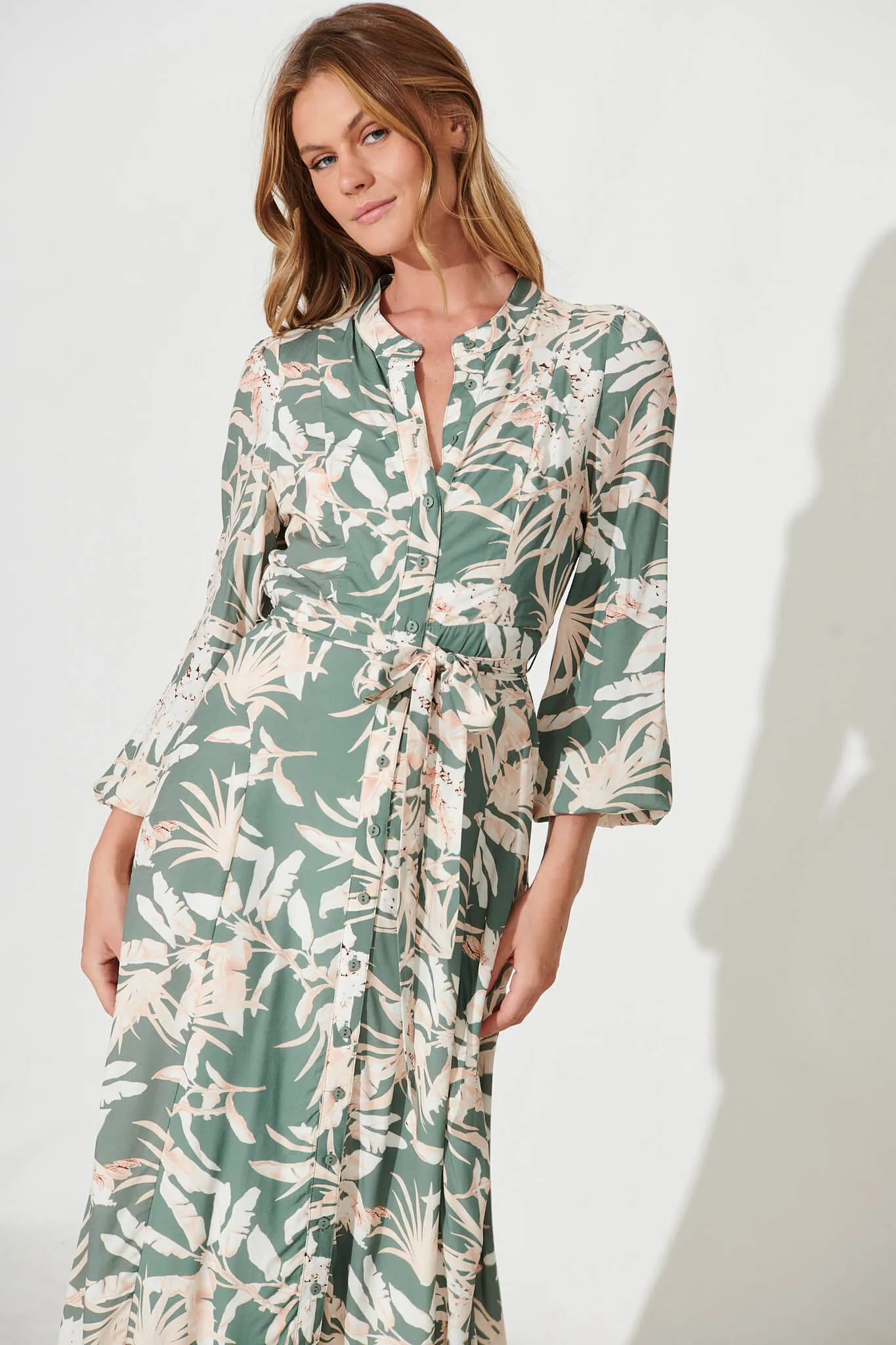 Lorie Maxi Shirt Dress In Green With Cream Leaf Print sold by St Frock product image thumbnail 2