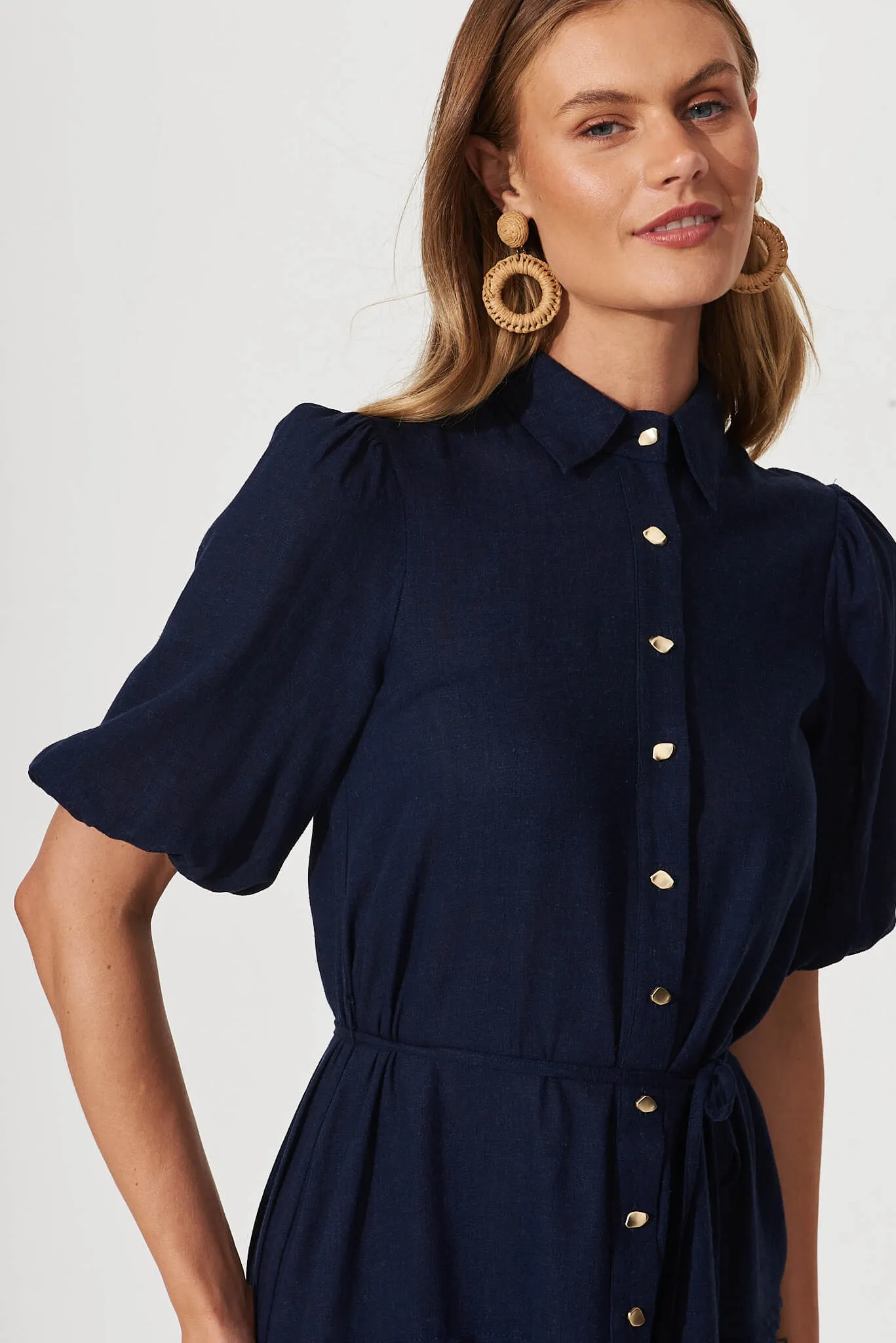 Irresistible Shirt Dress In Navy Linen Cotton Blend sold by St Frock product image thumbnail 5