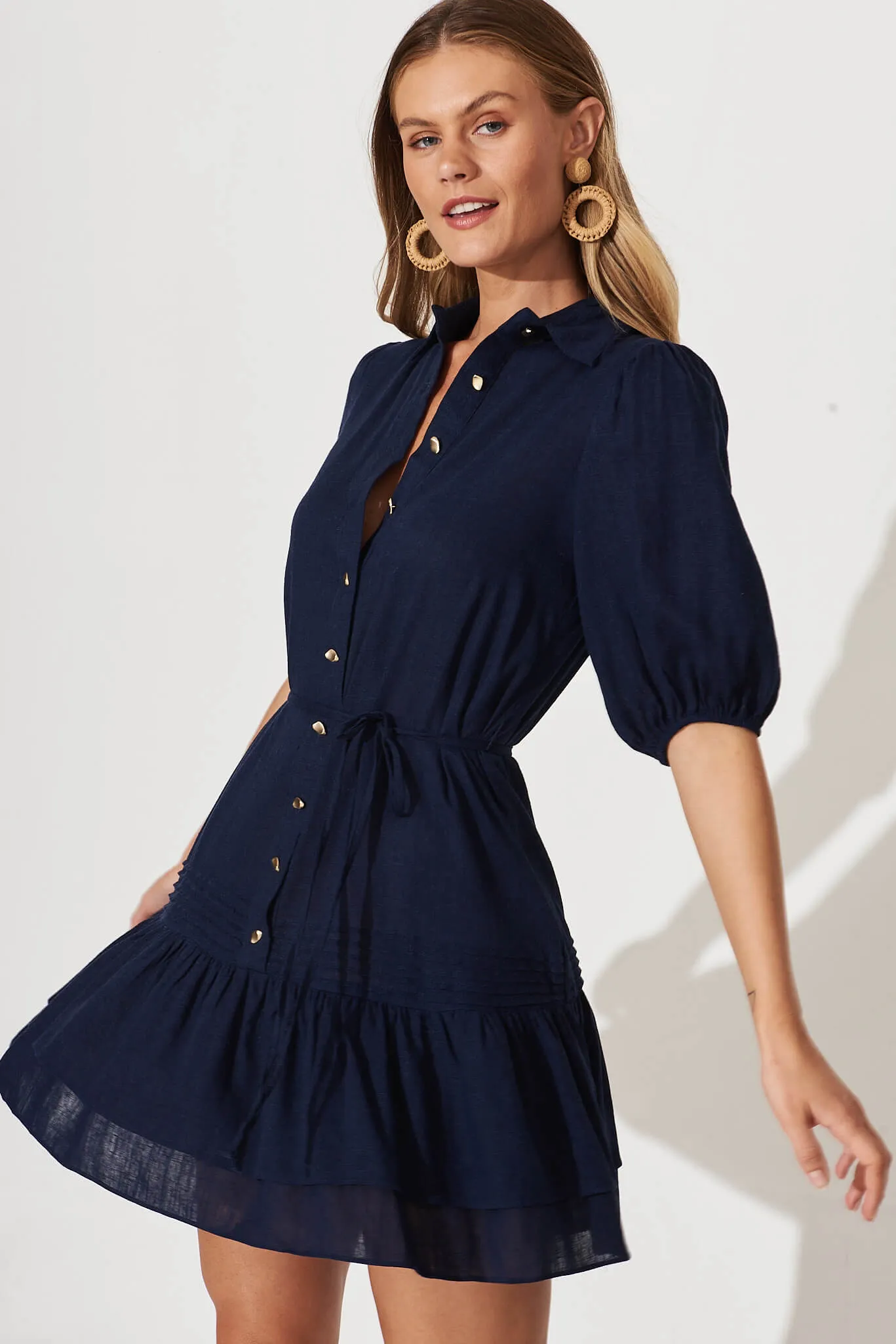 Irresistible Shirt Dress In Navy Linen Cotton Blend sold by St Frock product image thumbnail 3