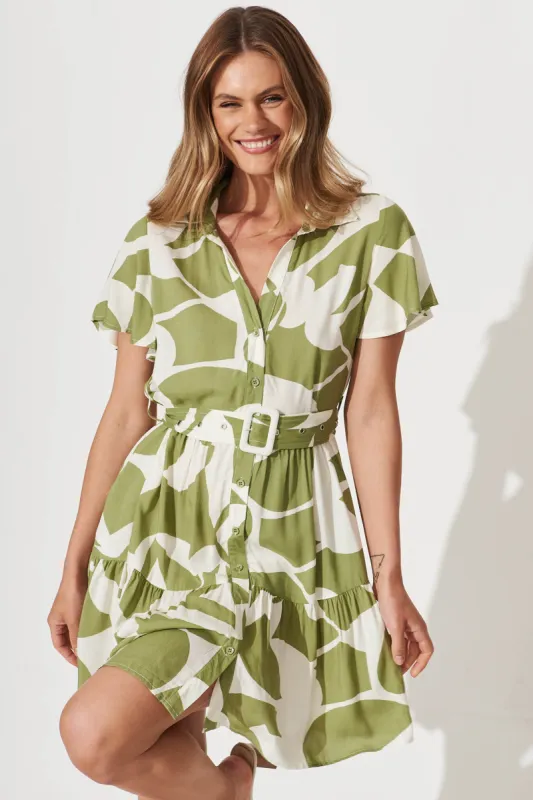 Notting Hill Shirt Dress In Olive And Cream Geometric Print sold by St Frock