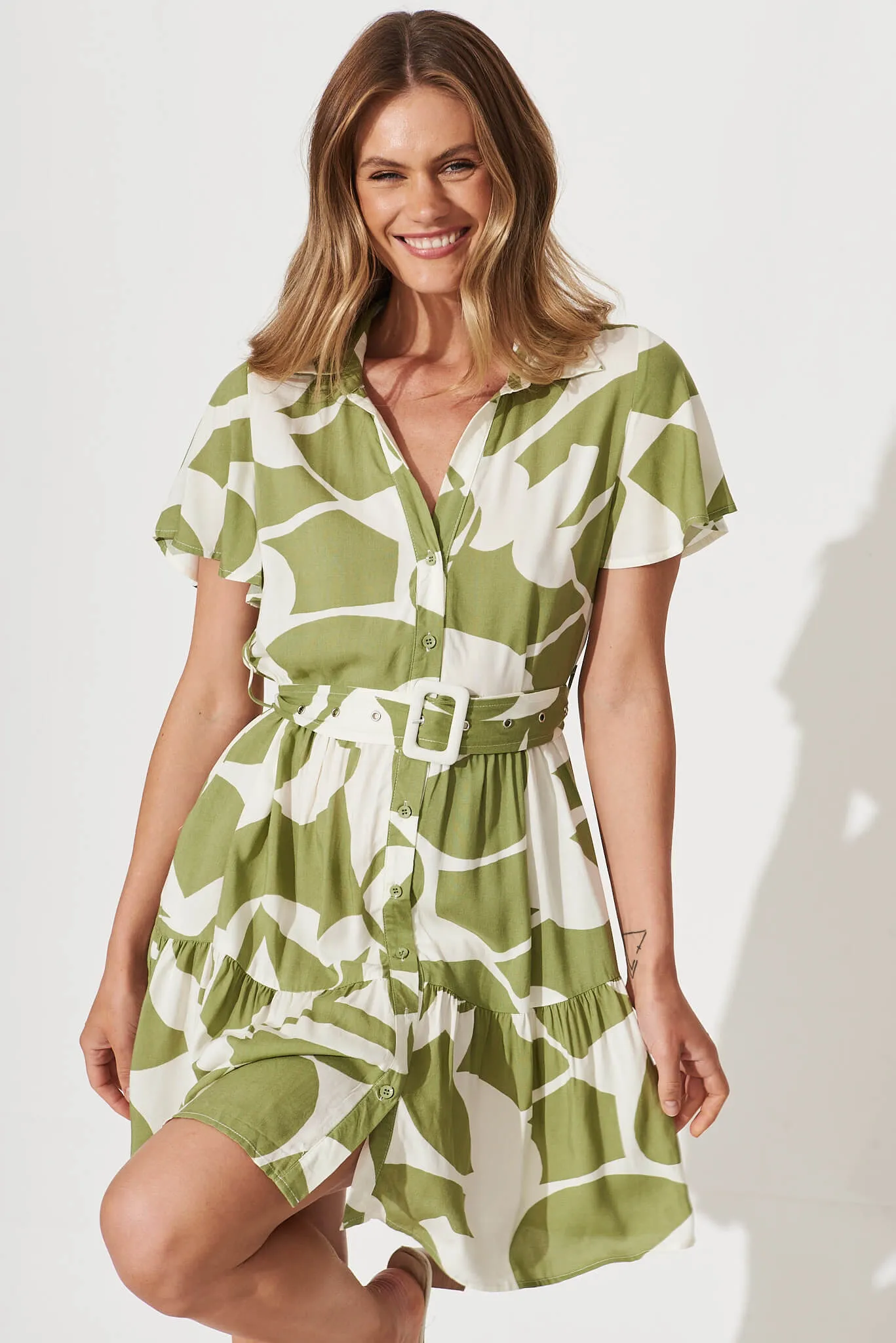 Notting Hill Shirt Dress In Olive And Cream Geometric Print sold by St Frock